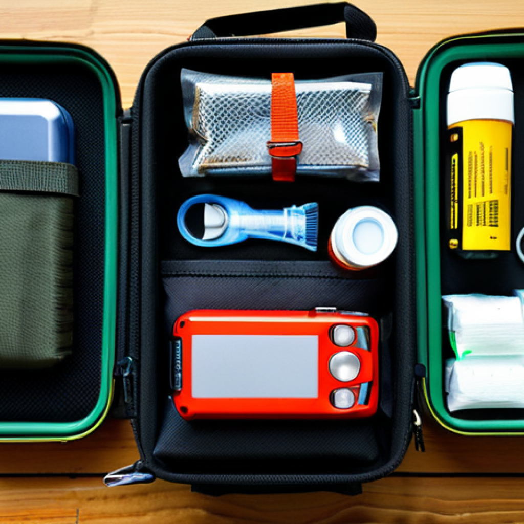 군용 생존 키트 - The Smart and Compact Survival Kit**
Prompt: "A high-angle, well-lit shot of an opened, modern, com...