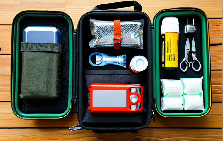 군용 생존 키트 - The Smart and Compact Survival Kit**

Prompt: "A high-angle, well-lit shot of an opened, modern, com...