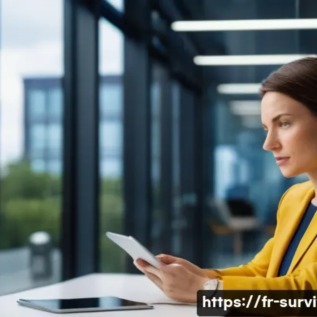 재난 대비 기업 안전 매뉴얼 - **Prompt:** A focused female entrepreneur, mid-30s, with short, professional hair, sits at a clean, ...