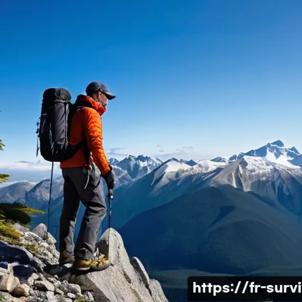 긴급 구조 신호 발신기 사용법 - A detailed outdoor scene showing a solo hiker in rugged mountain terrain, wearing appropriate hiking...