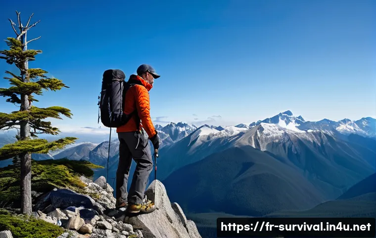 긴급 구조 신호 발신기 사용법 - A detailed outdoor scene showing a solo hiker in rugged mountain terrain, wearing appropriate hiking...