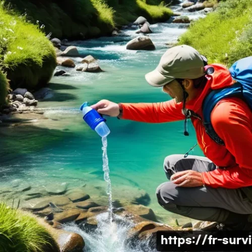 생존용 휴대용 정수기 추천 - A detailed outdoor scene showing a hiker in the French Alps using a LifeStraw Personal water filter ...