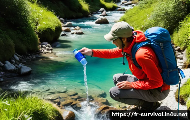 생존용 휴대용 정수기 추천 - A detailed outdoor scene showing a hiker in the French Alps using a LifeStraw Personal water filter ...
