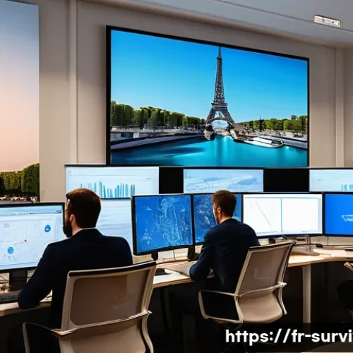 디지털 재난 대비 - A modern office environment in Paris with diverse professionals collaborating on cybersecurity measu...