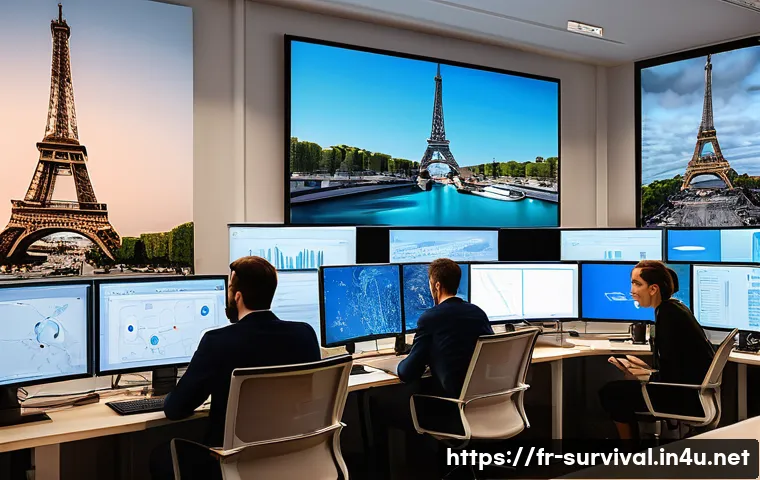 디지털 재난 대비 - A modern office environment in Paris with diverse professionals collaborating on cybersecurity measu...