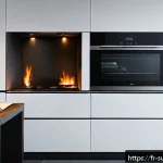 불시의 화재 대처법 - A modern French kitchen scene showing a subtle early fire hazard: a faint wisp of white smoke rising...