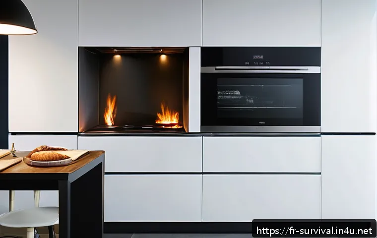 불시의 화재 대처법 - A modern French kitchen scene showing a subtle early fire hazard: a faint wisp of white smoke rising...