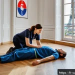 비상 상황에서의 첫 대응법 - A detailed scene of a first aid emergency in a modern French apartment: a calm adult woman is perfor...