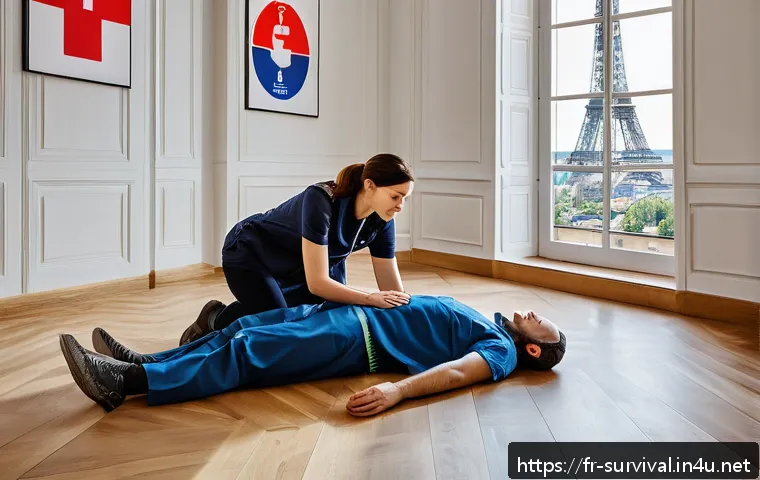 비상 상황에서의 첫 대응법 - A detailed scene of a first aid emergency in a modern French apartment: a calm adult woman is perfor...