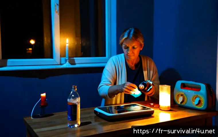 Home 17 전자기기 고장 대비 생존법 - Photorealistic French apartment kitchen during a sudden power outage, calm middle-aged woman using a...
