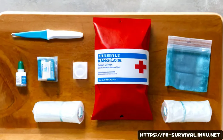 상처 치료 키트 구성 - Photorealistic top-down flat lay of a well-organized home wound care kit on a clean light oak table,...